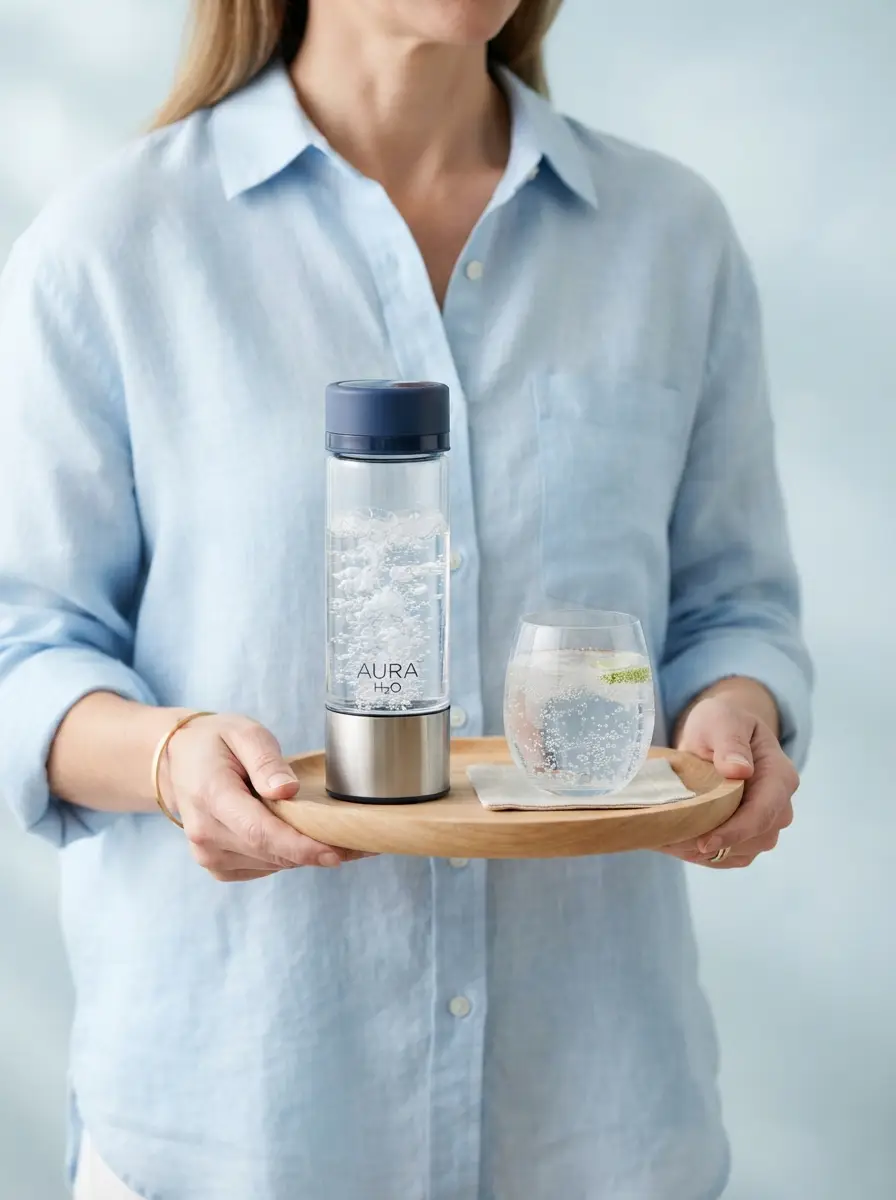 Personne en chemise bleu clair portant un plateau avec une gourde à hydrogène et un verre d'eau pétillante