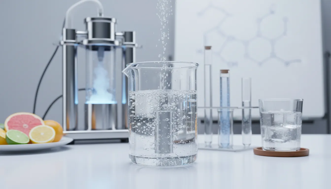 Bécher rempli d'eau parcourue de bulles d'hydrogène devant un générateur de laboratoire et des tubes à essai